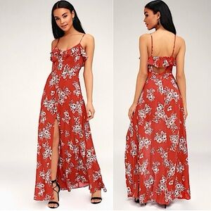Lulus Bloom On Rust Floral Print Long Maxi Dress w/Side‎ Slit, Red, Size XS